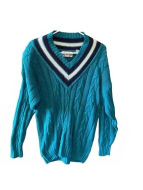 Vintage Nuggets Ramie Cotton Cable Knit Sweater Teal V Neck Made Hong Kong M